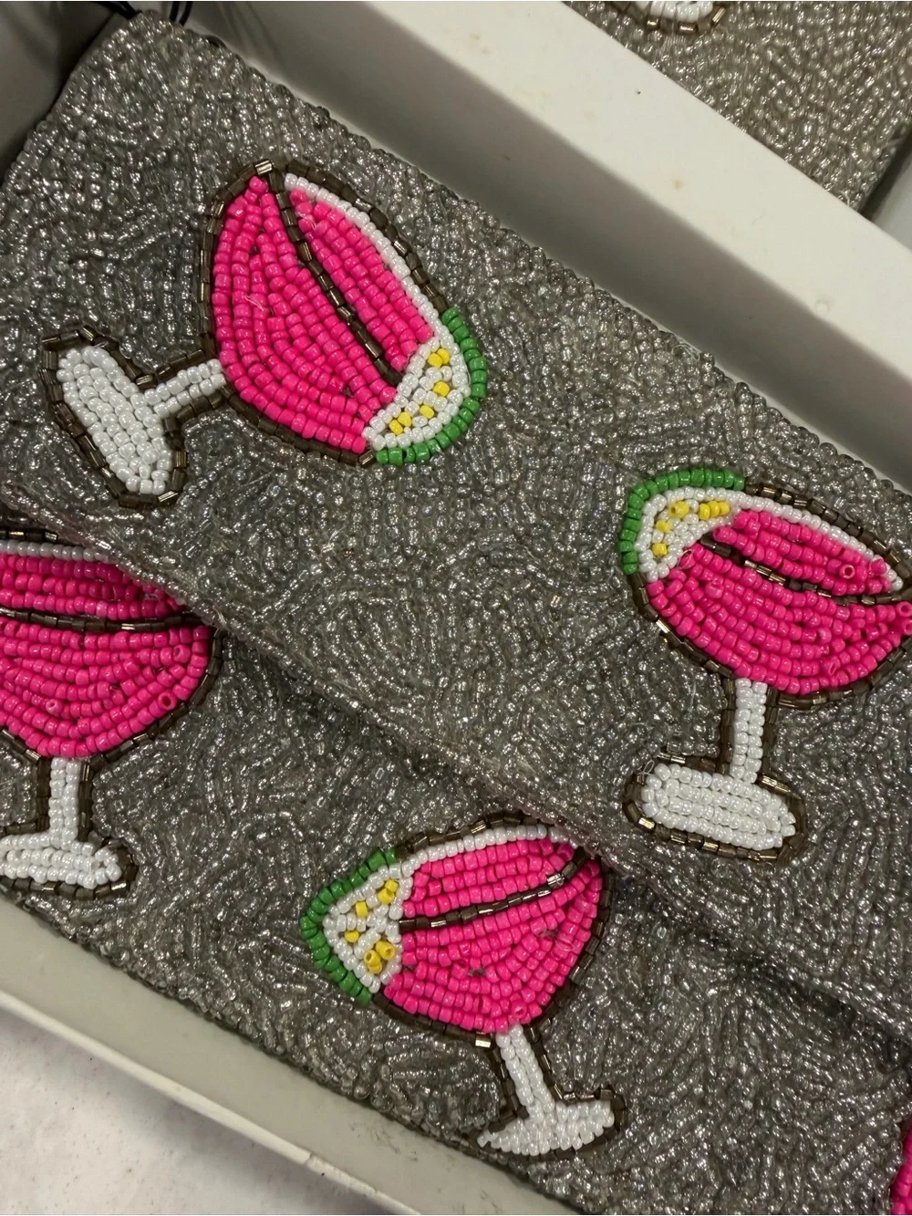 Rachel Zoe Silver Beaded Clutch, Card Case & Charm with Pink Cocktail Motif